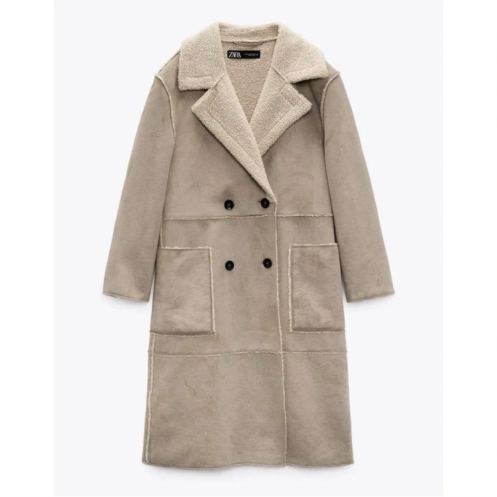 ZARA Contrasting Fleece Suede Long Coat Size Large - Picture 2 of 14